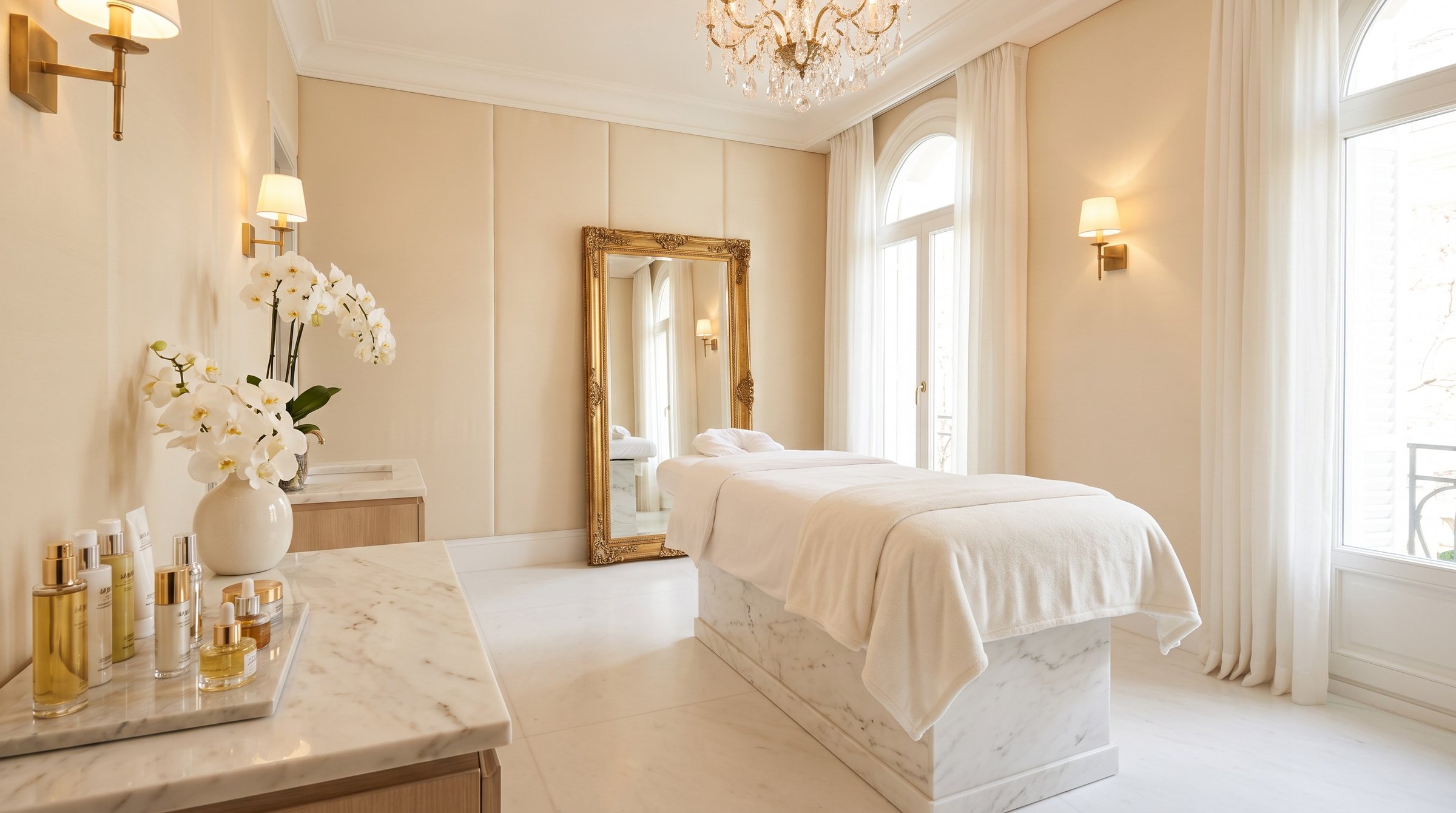 Cabina de tratamiento luminosa de Intissar Beauty, con camilla de mármol y orquídeas blancas