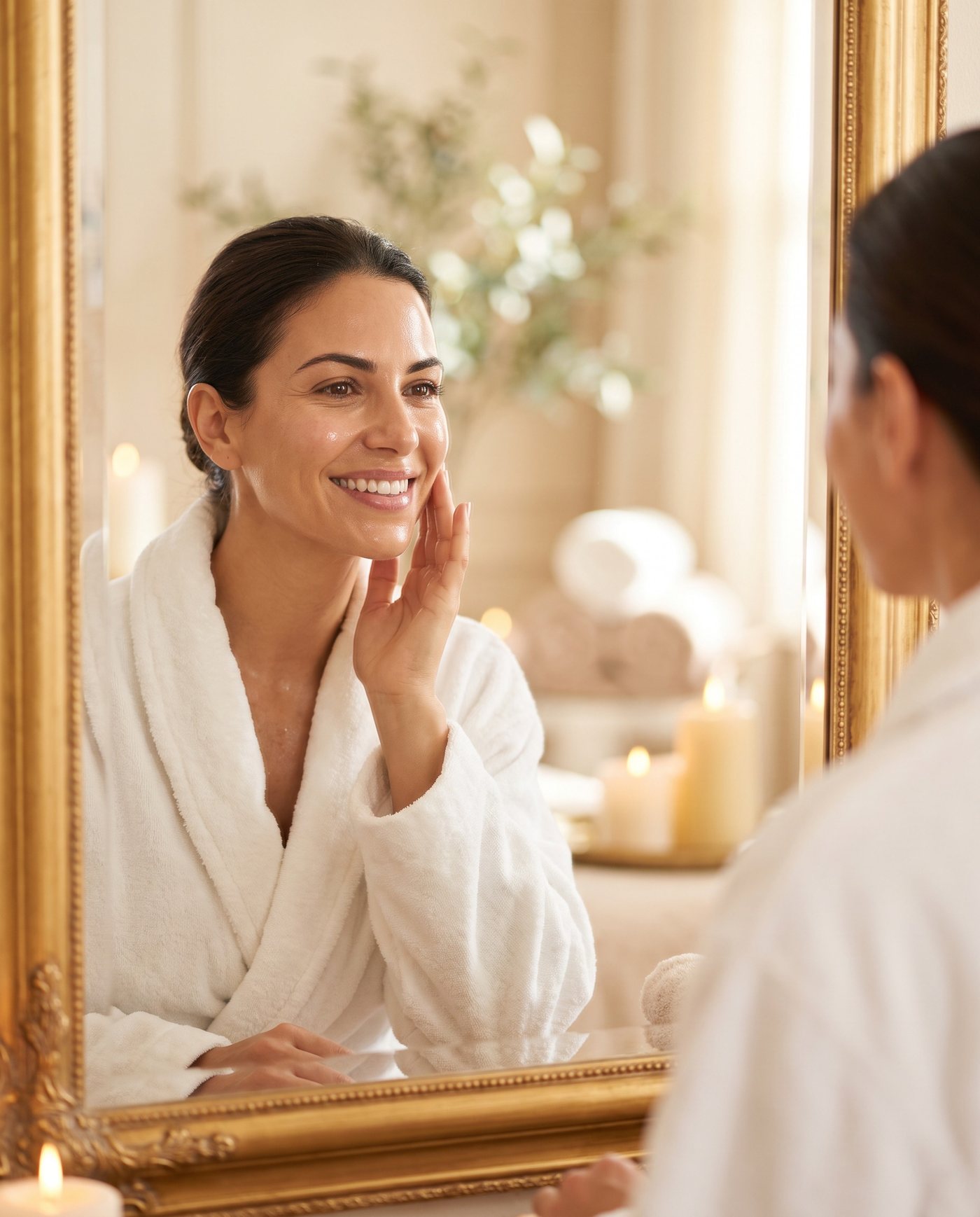 Clienta observando el aspecto de su piel frente al espejo tras un tratamiento facial